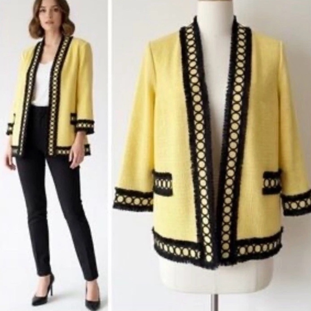 MISOOK Fringe and Ring Tweed Yellow Black Knit Jacket Size 2X